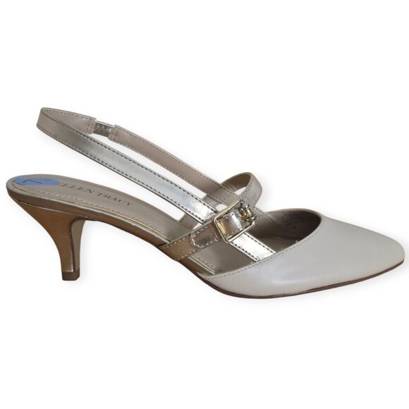 Ellen Tracy Bailey Beige Gold Slingback Kitten Heel Pump 7.5 - Picture 1 of 11